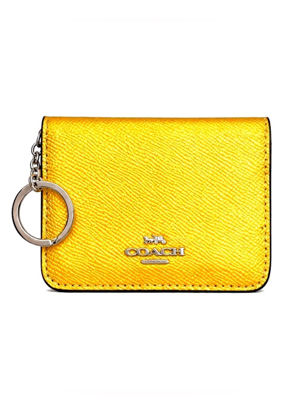 COACH Metallic Yellow Crossgrain Leather Key & Card Holder Wallet NWOT